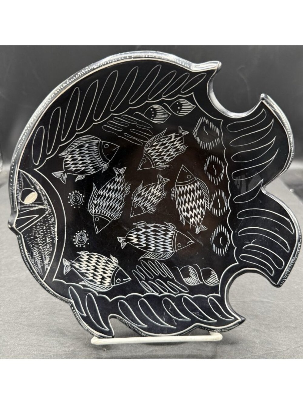 Soapstone Etched Fish Plate Shallow Bowl Made in Kenya 8"